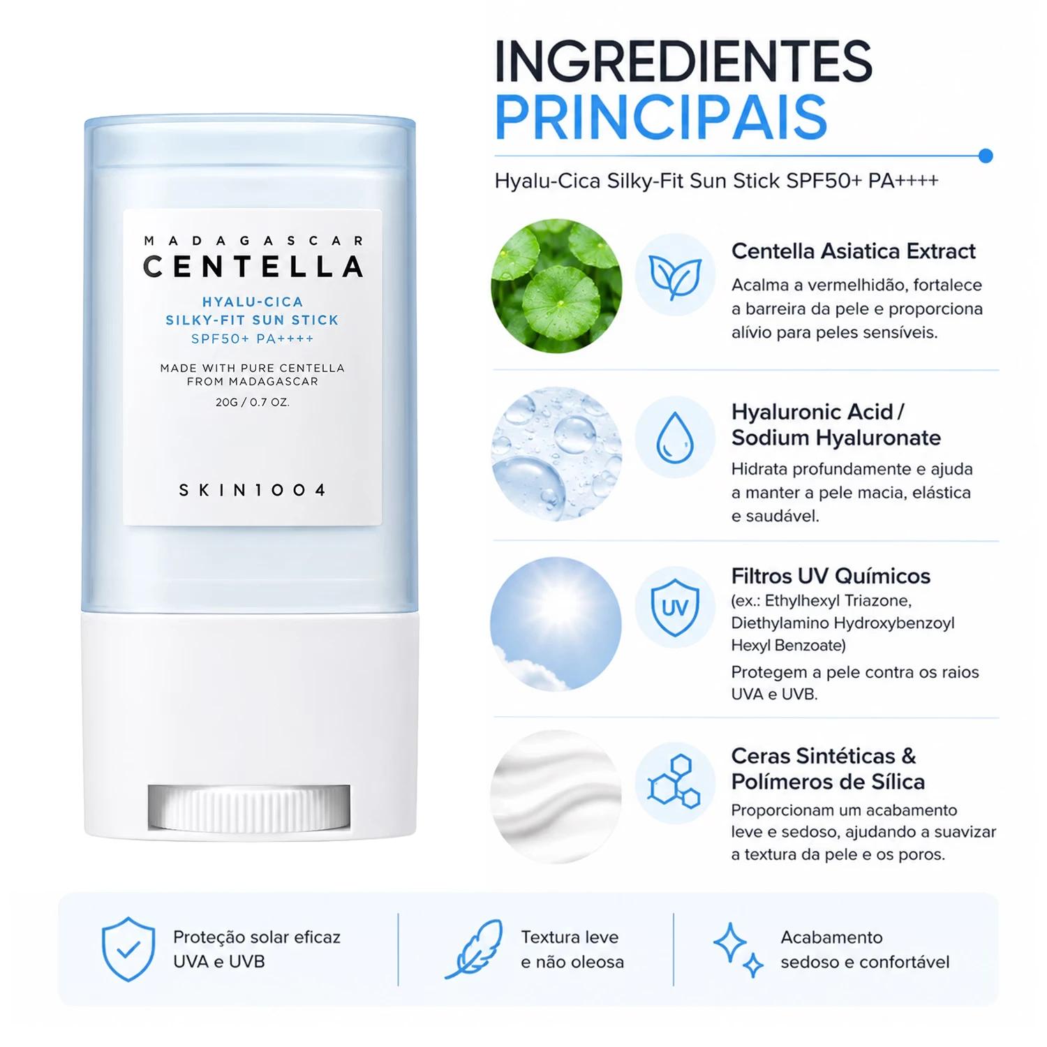 Protetor Solar Facial SKIN1004 Madagascar Centella Hyalu-Cica Silky-Fit Sun Stick FPS 50+ 20g - Imagen 2