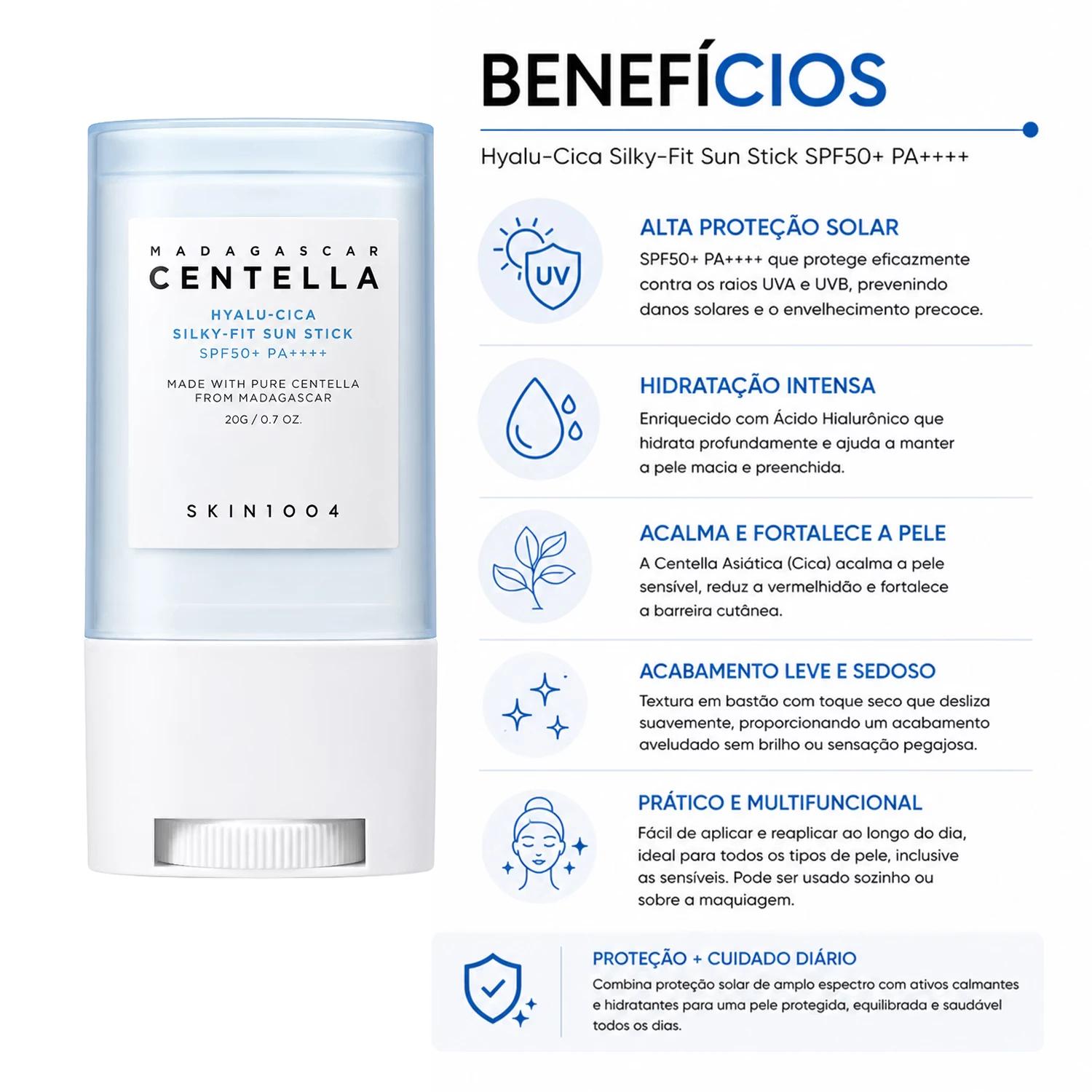 Protetor Solar Facial SKIN1004 Madagascar Centella Hyalu-Cica Silky-Fit Sun Stick FPS 50+ 20g - Imagen 3