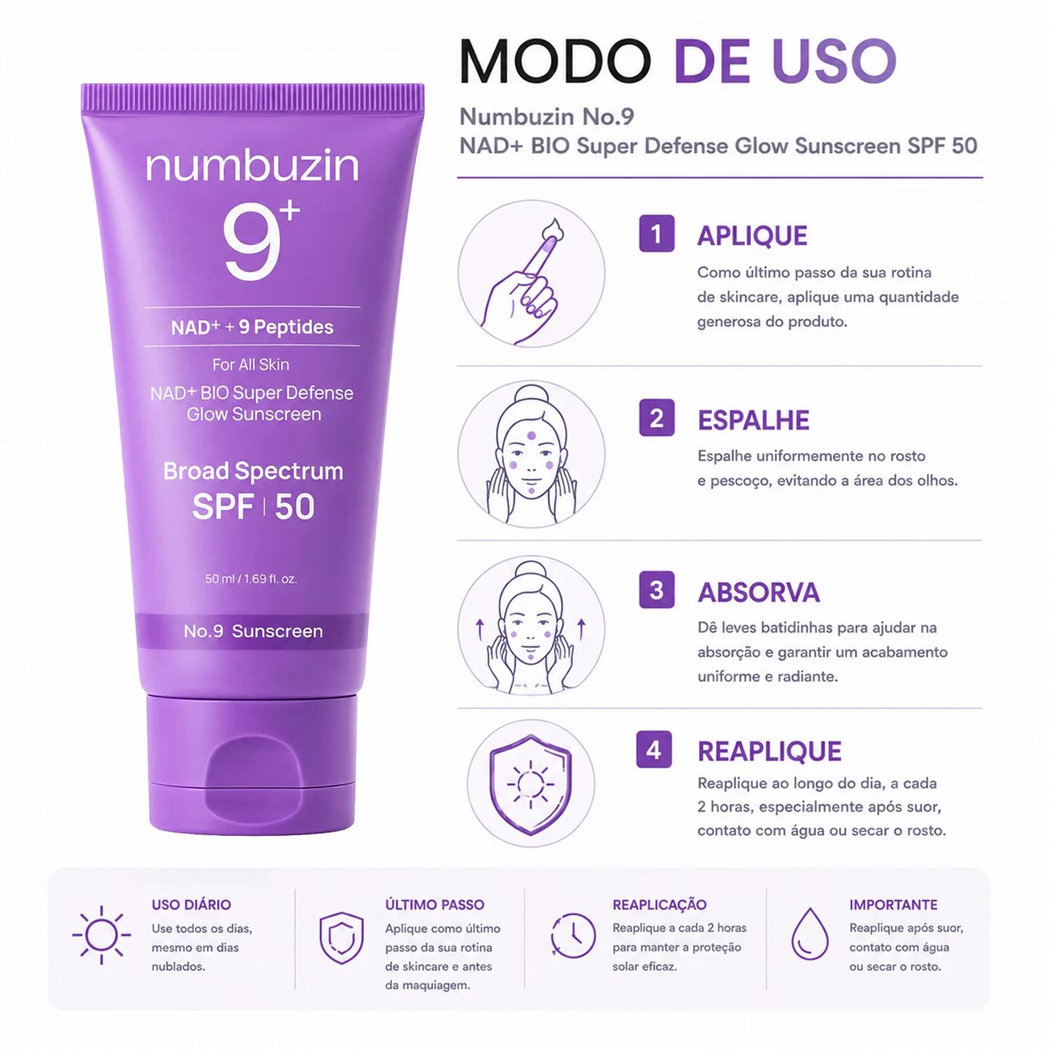 Protector Solar Facial Numbuzin No. 9 NAD+ Bio Super Defense Glow SPS 50 50ml - Imagen 4