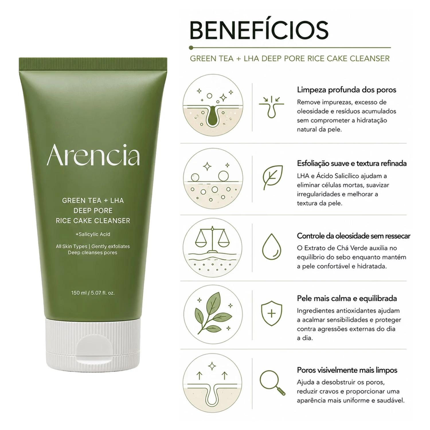 Gel De Limpieza Facial Arencia Green Tea + LHA Deep Pore Rice Cake Cleanser 150g - Imagen 3