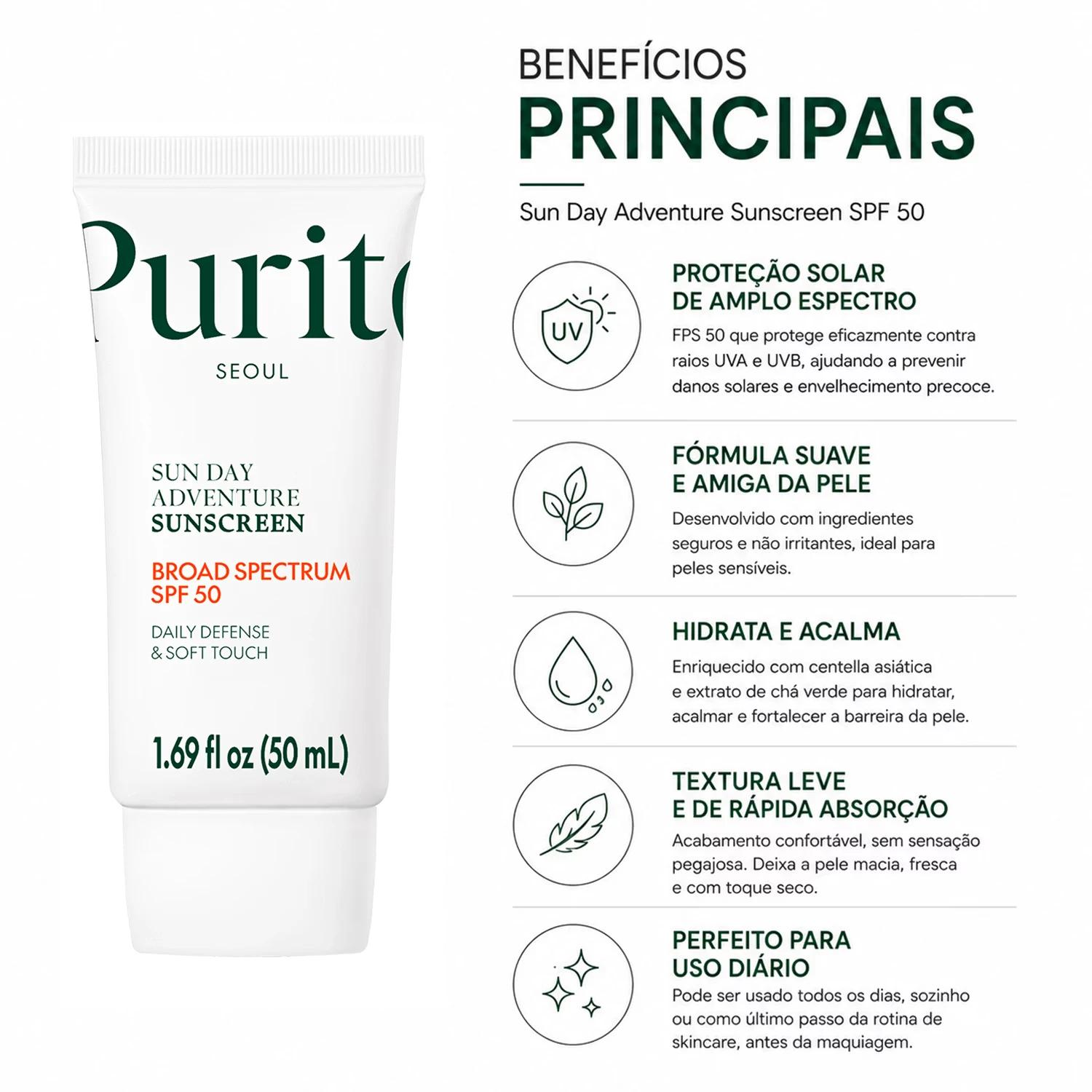Protector Solar Facial Purito Seoul Sun Day Adventure Sunscreen Broad Spectrum SPF 50 50ml - Imagen 3