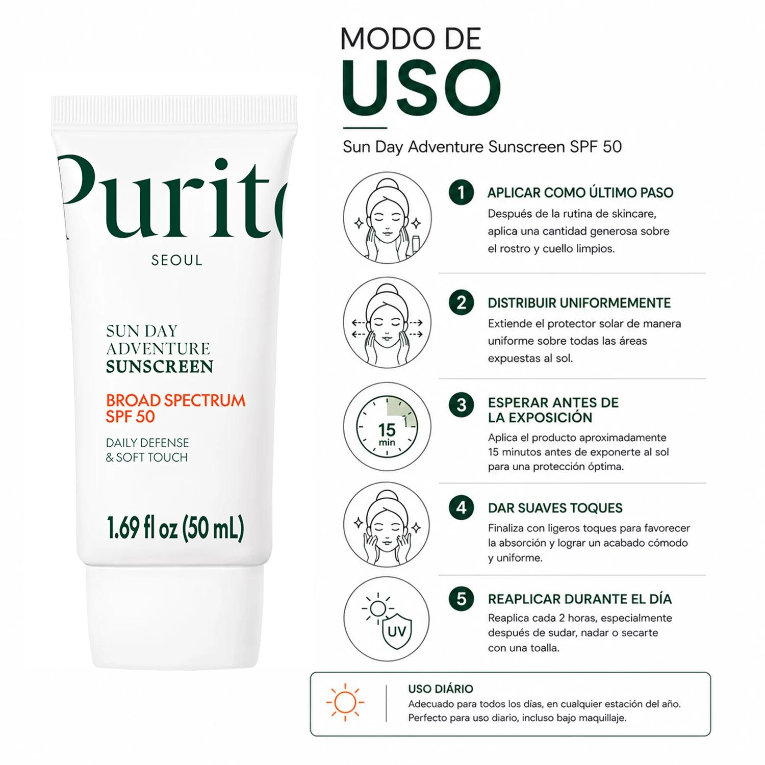 Protector Solar Facial Purito Seoul Sun Day Adventure Sunscreen Broad Spectrum SPF 50 50ml - Imagen 4