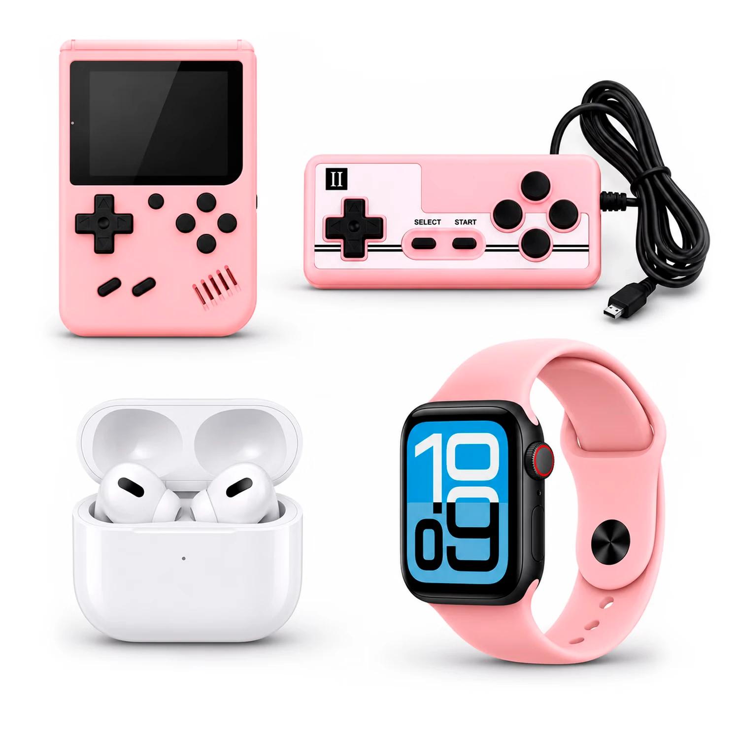 Kit Smartwatch K35 Mini 46mm + Auriculares + Consola Portátil - Rosa
