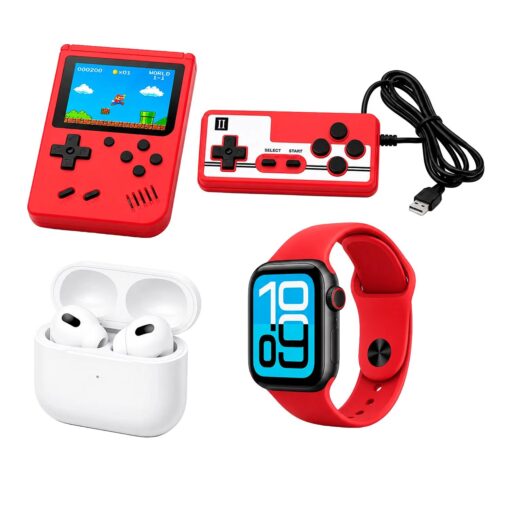 Kit Smartwatch K35 Mini 46mm + Auriculares + Consola Portátil - Rojo