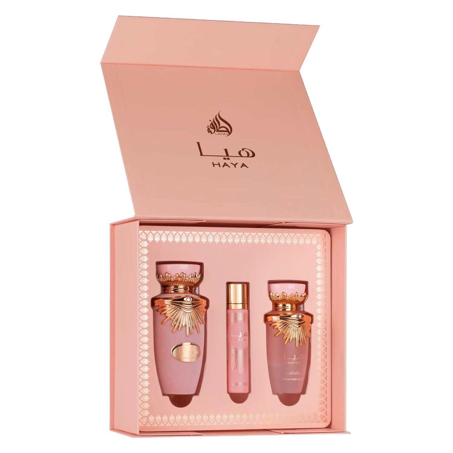 Kit Perfume Lattafa Haya Gift Set Eau de Parfum Feminino 100ml + Perfume de Viagem 12ml + Hair Mist - Imagen 3