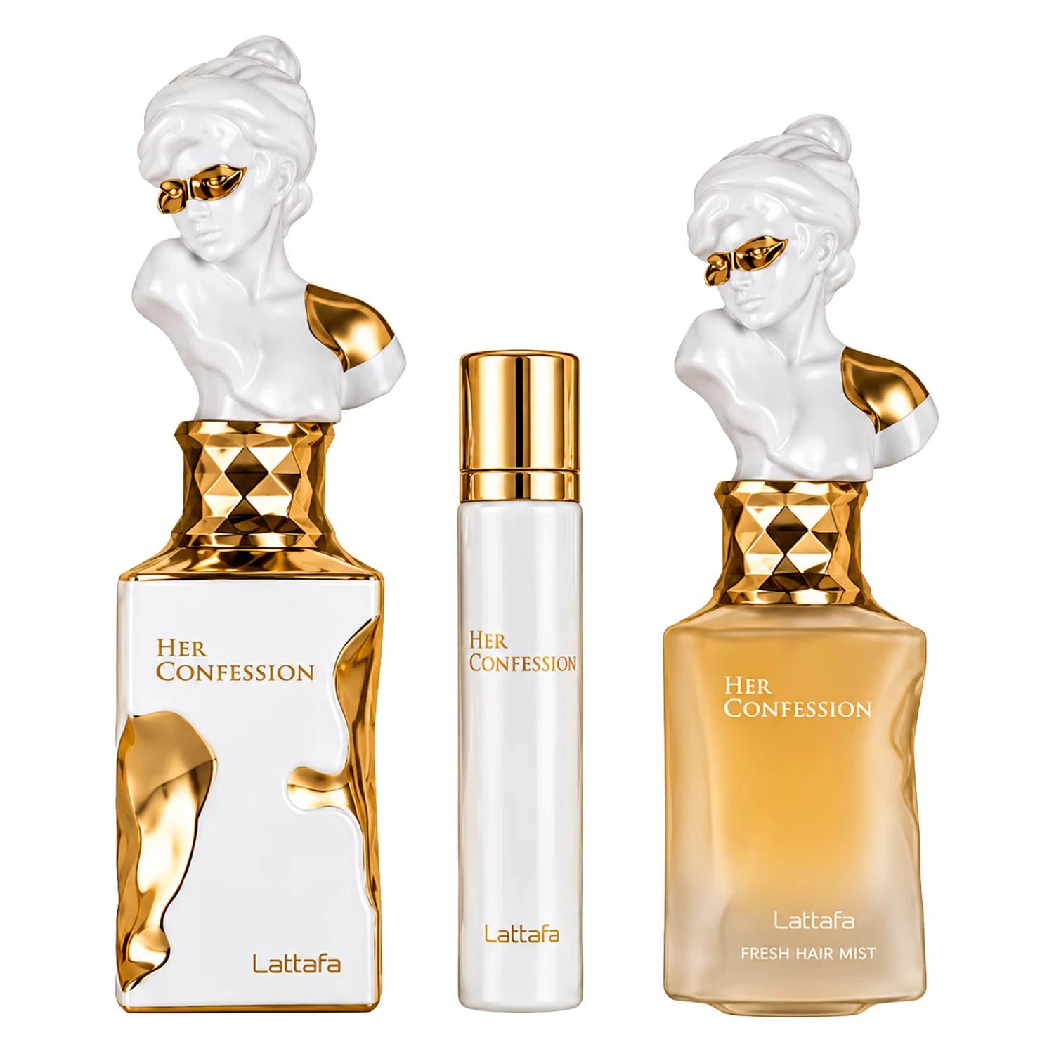 Kit Perfume Lattafa Her Confession Gift Set Eau De Parfum Femenino 100ml + Perfume Miniatura + Shower Gel 50ml - Imagen 2