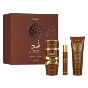 Kit Lattafa Asad Bourbon Eau de Parfum Masculino 100ml + Perfume de Viagem 12ml + Shower Gel 100ml