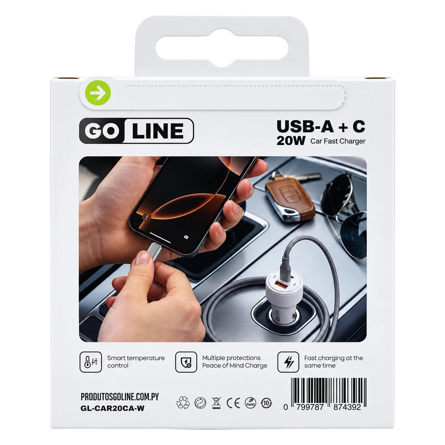CARREG P/CARRO GOLINE GL-CAR20CA-W 20W FAST CHARGER USB-A+USB-C WHITE - Imagen 4