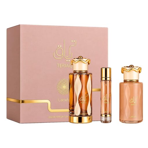 Kit Perfume Lattafa Teriaq Eau de Parfum Feminino 100ml + Perfume de Viagem 12ml + Hair Mist 50ml