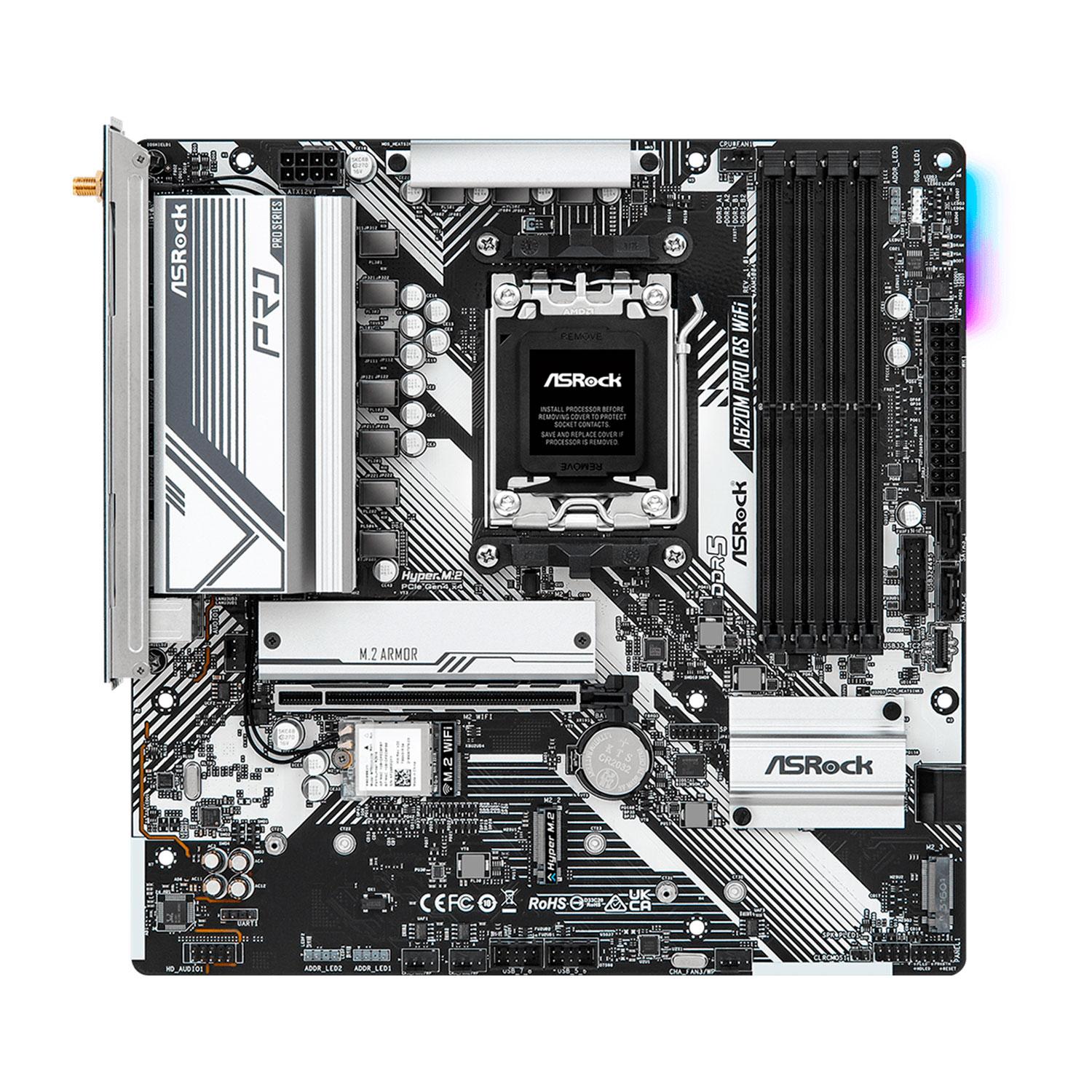 Alternative view of Placa Madre Asrock A620m Pro Rs Wi-fi Ddr5 Socket Am5 Chipset Amd A620 Micro Atx